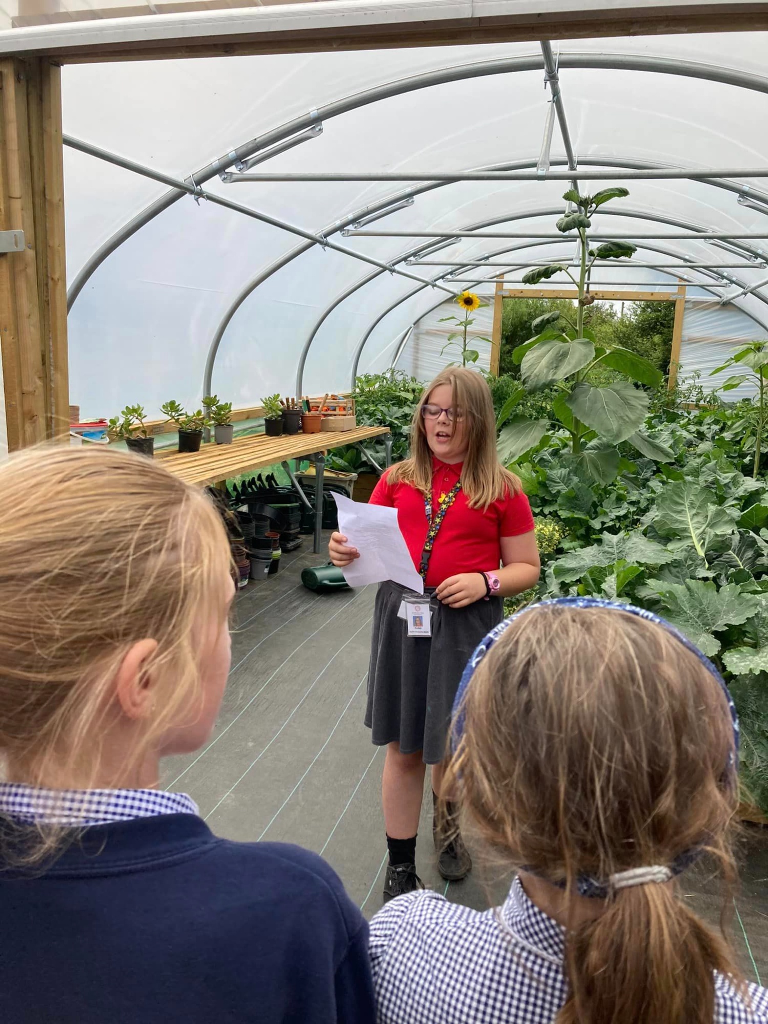 A child reading to other children inside the polytunnel